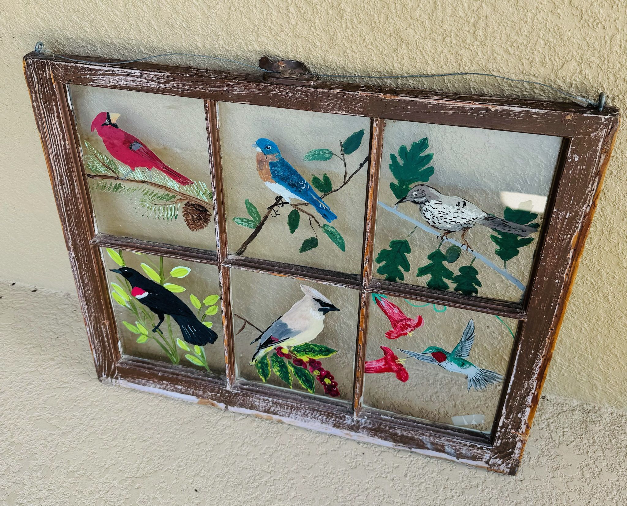 Vintage Window Frame with Bird Art 28”w x 23 3/4” h x 1 1/4” d   $35 Price is Firm 34786 pick up