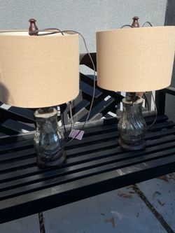 Light lamps antique silver glass stem with wood - 23.5 inches tall like new both(2)