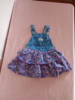 Oshkosh Girl Blue Denim Overall Dress Floral Skirt toddler Girls Sz. 3T
