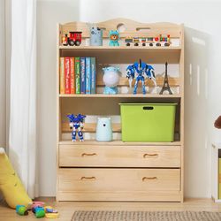 New 3-Shelf Wood Bookshelf with 2 Drawers, Wooden Bookcase Natural Free Standing Narrow Bookcase Display Storage Organizer Shelf for Books CDs Plants,