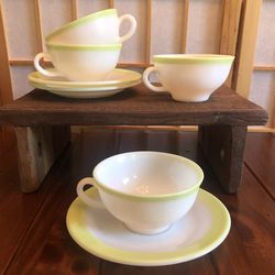 Vintage Pyrex 4 Cups & 3 Saucers Milk Glass With Lime Green Band