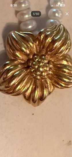 14k yellow gold  floral clasp strand pearl necklace