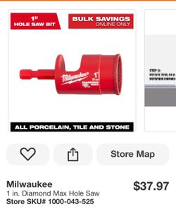 Brand New Milwaukee 1" Diamond Max Hole Saw Bit (Porcelain & Tile)