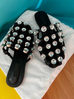 A . Wang Crystal Embellished Flat Slide Sandals