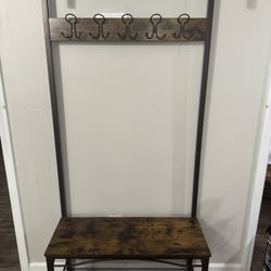 Benjara Metal Framed Coat Rack with Wooden Bench and Two Mesh Shelves