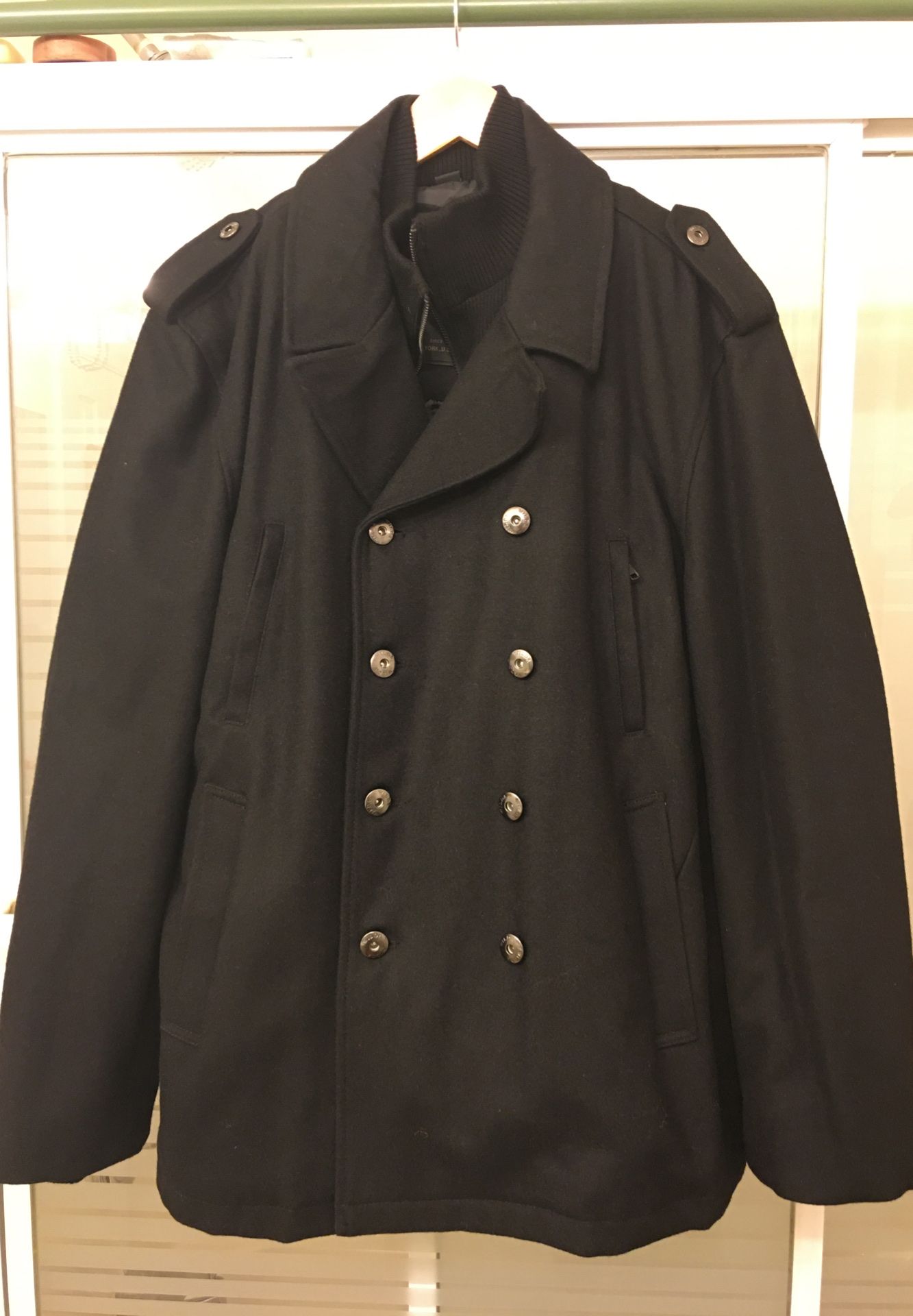 Men’s Avery Wool Peacoat Double Breasted size medium,removable Bib Military Embellishments Professional Dry Clean Only...New never worn!!