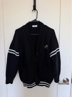 Black Varsity Knit Cardigan with Stripe Sleeves