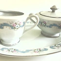 Three Pieces Vintage Happy Home Rose Bud Fine Bone China - Platter & Sugar/Creamer Set   Made in Japan - likely 1972 to 1987   *Price Reduced 