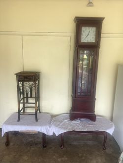 Furniture Lot – Grandfather Clock (71.5”), Heritage Coffee Table (30”), Bamboo Accent Table (34”) – Vintage & Decorative