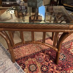 Mid-Century Rattan Glass Top Coffee Table 