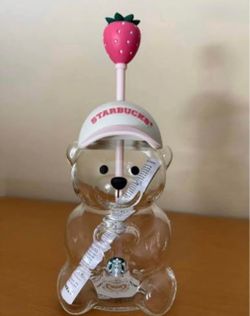 Starbucks Bear Shape Glass Cup with Strawberry Straw