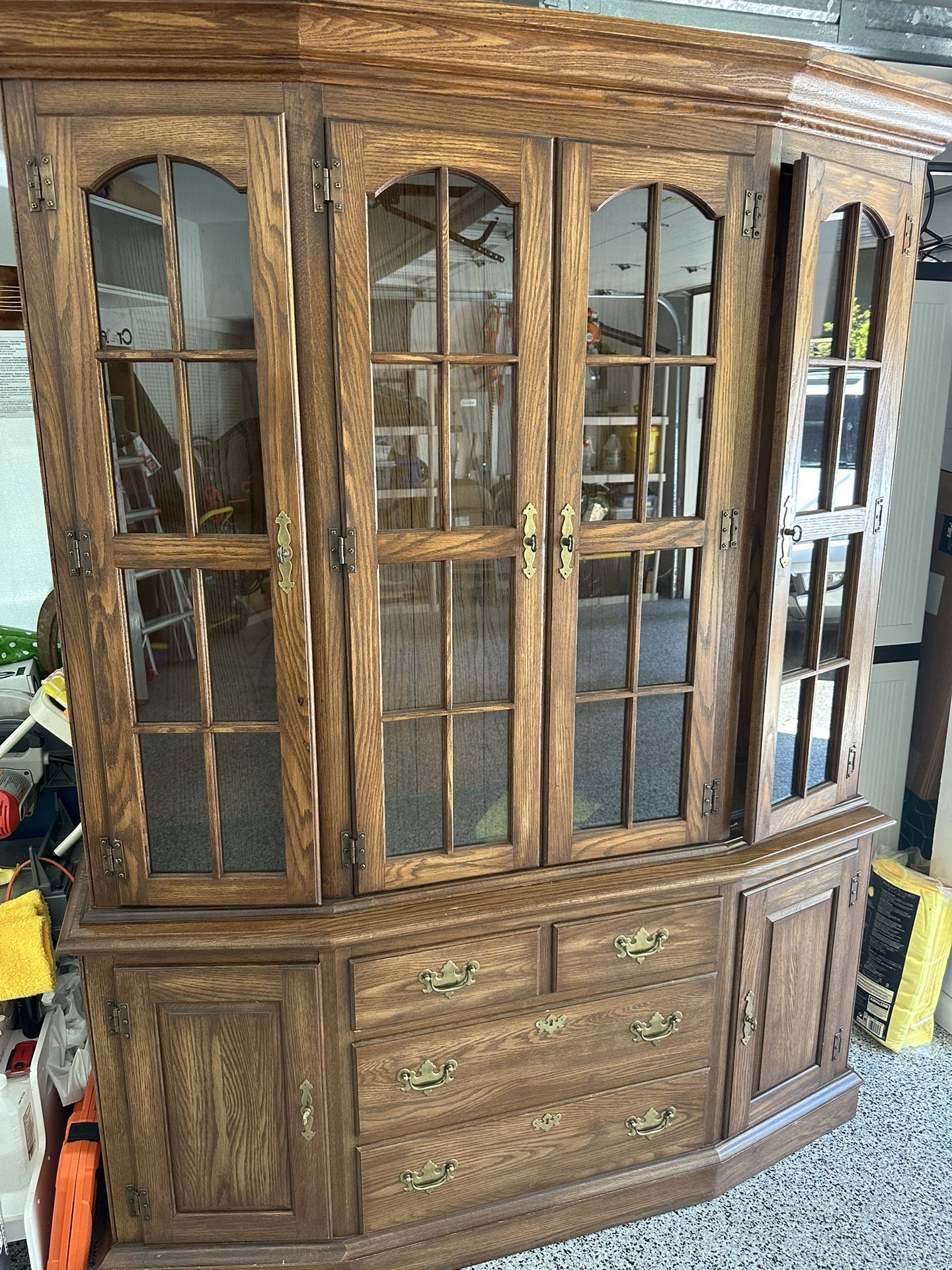 Vintage Wood China Cabinet / Hutch with Glass Doors and Brass Hardware – Excellent Condition