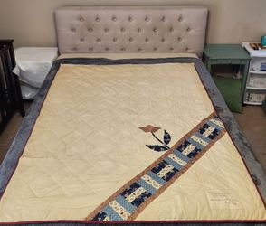 Vintage 1988 Signed Handmade Blue Calico Quilt Triple Rail Fence w/ Appliquéd Flower