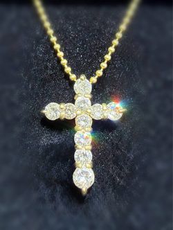 18k solid yellow gold 0.65CTW Natural Diamond Cross Charm Pendant & Ball Chain Necklace 16” 1mm