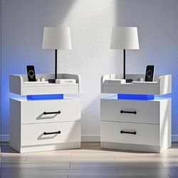 White LED Nightstand Set of 2 with Charging Station & 2 Drawers