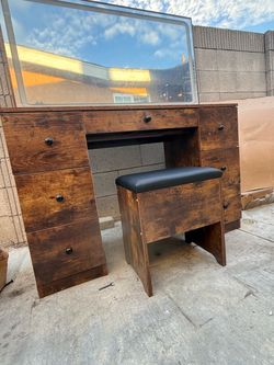 7 drawers Rustic Wood Vanity Desk with Stool and Mirror