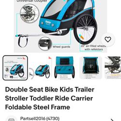 Double Seat Bike Kids Trailer Stroller Toddler Ride Carrier