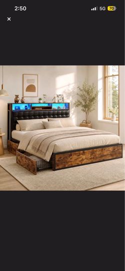 Storage Queen Bed Frame With Led Headboard & Charging Station, 4-drawer Platform Bed With Quiet Support