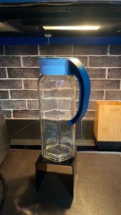 Glass Pitcher with Blue Lid and Handle