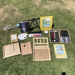 Full Art Supply Set w/ Easel, Paints, Sketchbooks, Brushes, Case