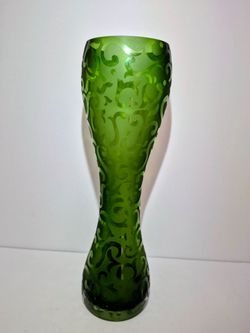 Vintage Tall Etched Green Glass(1029)