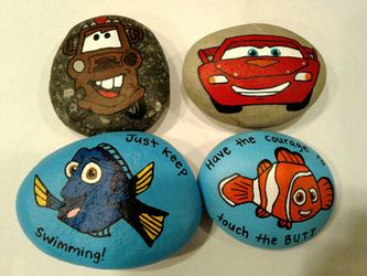 Pixar painted rocks Dory, Nemo, Cars