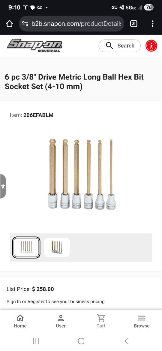 6 pc 3/8" Drive Metric Long Ball Hex Bit Socket Set (4-10 mm)
item:
206EFABLM