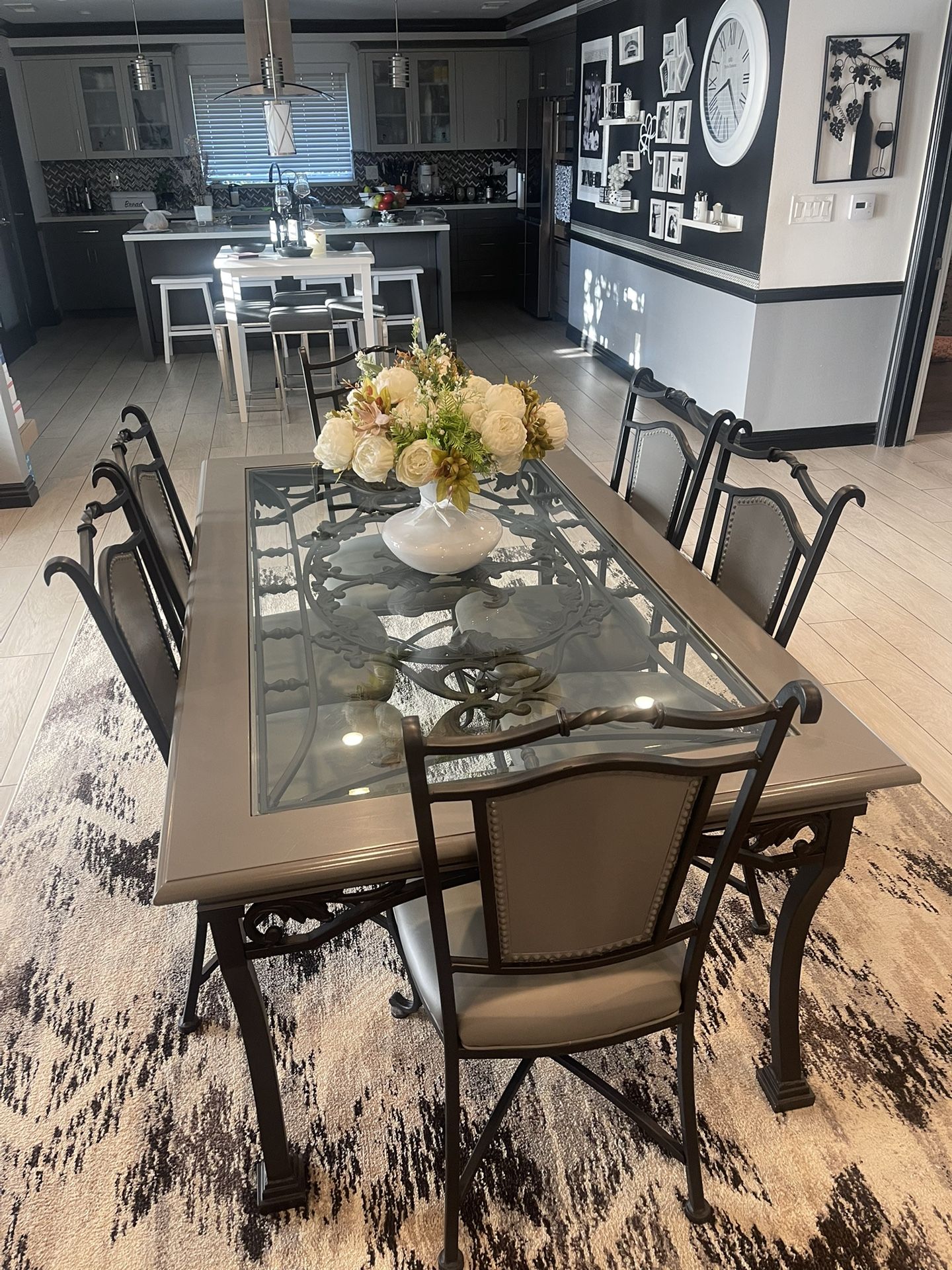 Dining Room Table With 6 Chairs Metal/Glass 72 X 42