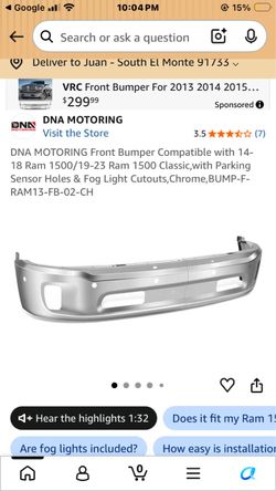 DNA MOTORING Front Bumper Compatible with 14- 18 Ram 1500/19-23 Ram 1500 Classic, with Parking Sensor Holes & Fog Light Cutouts, Chrome,BUMP-F- RAM13-