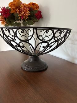 Vintage Large Bronze Scroll Footed Fruit Bowl Centerpiece