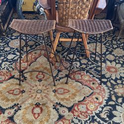ARTHUR UMANOFF VINTAGE MID CENTURY MODERN WICKER WROUGHT IRON BAR STOOLS PAIR MCM