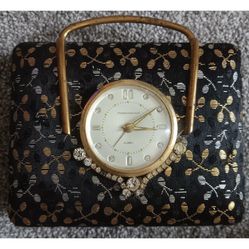 Antique Phinney Walker Travel Clock Jewelry Box Crystal Rhinestone TESTED WORKS