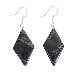 Black and gray jasper diamond shaped dangle earrings with silver hooks new