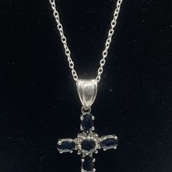 Sterling Silver Blue Sapphire & Diamond Cross 18” Necklace 