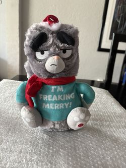 Gemmy Animated Unhappy Kitty "I'm Freaking Merry" Sings wiggles eyebrows