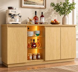 60" Sideboard Buffet Cabinet with LED Lights and Glass Shelves – Brand New