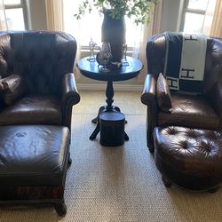 2 Paul Robert Tufted Wingback Leather Chairs and 2 Ottoman Plus Pillows