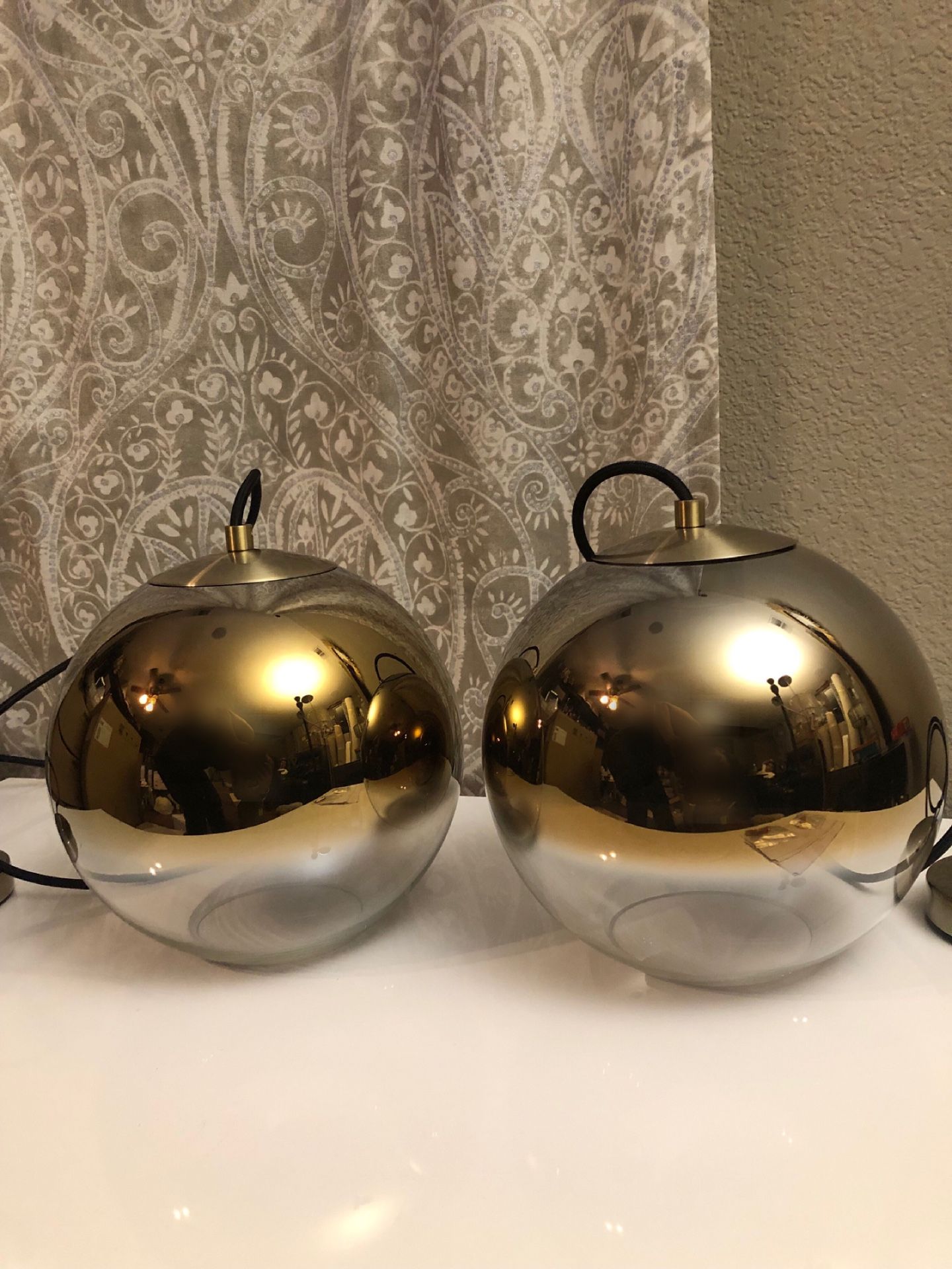 New 9” Antique BRASS Ombre Glass Orb Pendant SET (2)