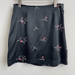 XOXO Vintage 90s Black Satin Pink Red Stitch Work Embroidered Floral Mini Skirt