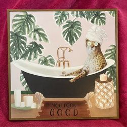 You Look Good Leopard Cat Taking Bath Framed Canvas 15.75” x 15.75” NEW!