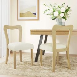 Set of 2 Armless Upholstered Dining Chairs, Solid Wood Kitchen Accent Seating,Beige,Natural Ash