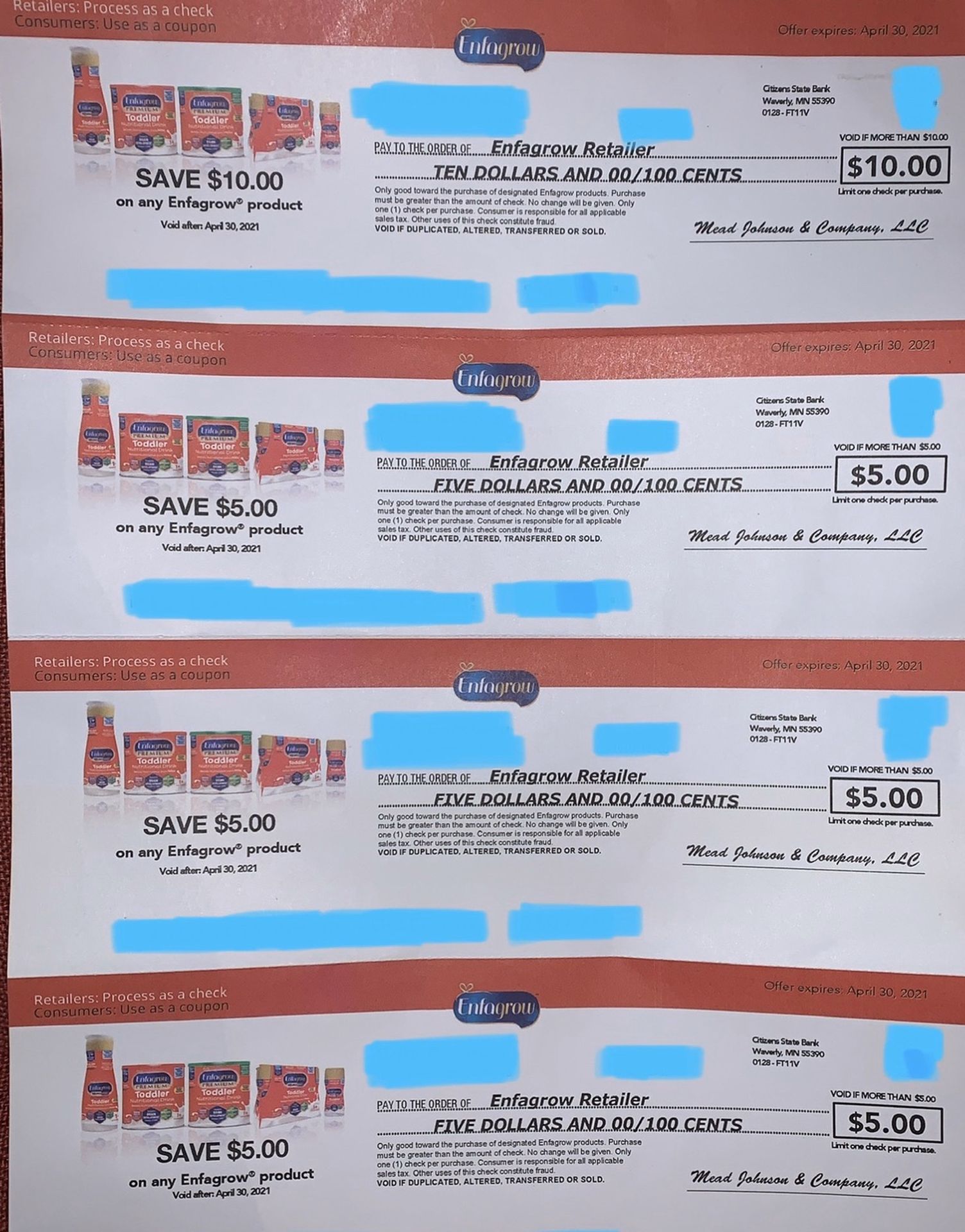 4 Enfamil Enfagrow checks, $25 total, expires 4/30/2021