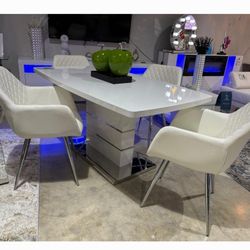 White Dining Set Modern 4 Chairs Glossy White Top