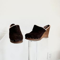 Brown Suede Wooden Wedge