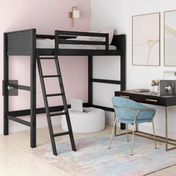 Twin Houston Kids’ Wooden Loft Bed with Ladder Stairs Black - Room and Joy
