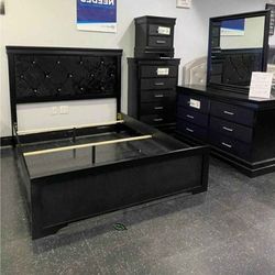 Amelia Black Bedroom Set (Dresser Mirror Nightstand Queen Bed)