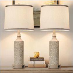 Table Lamp Vintage Washed White Finish Set of 2 3-Way Dimmable