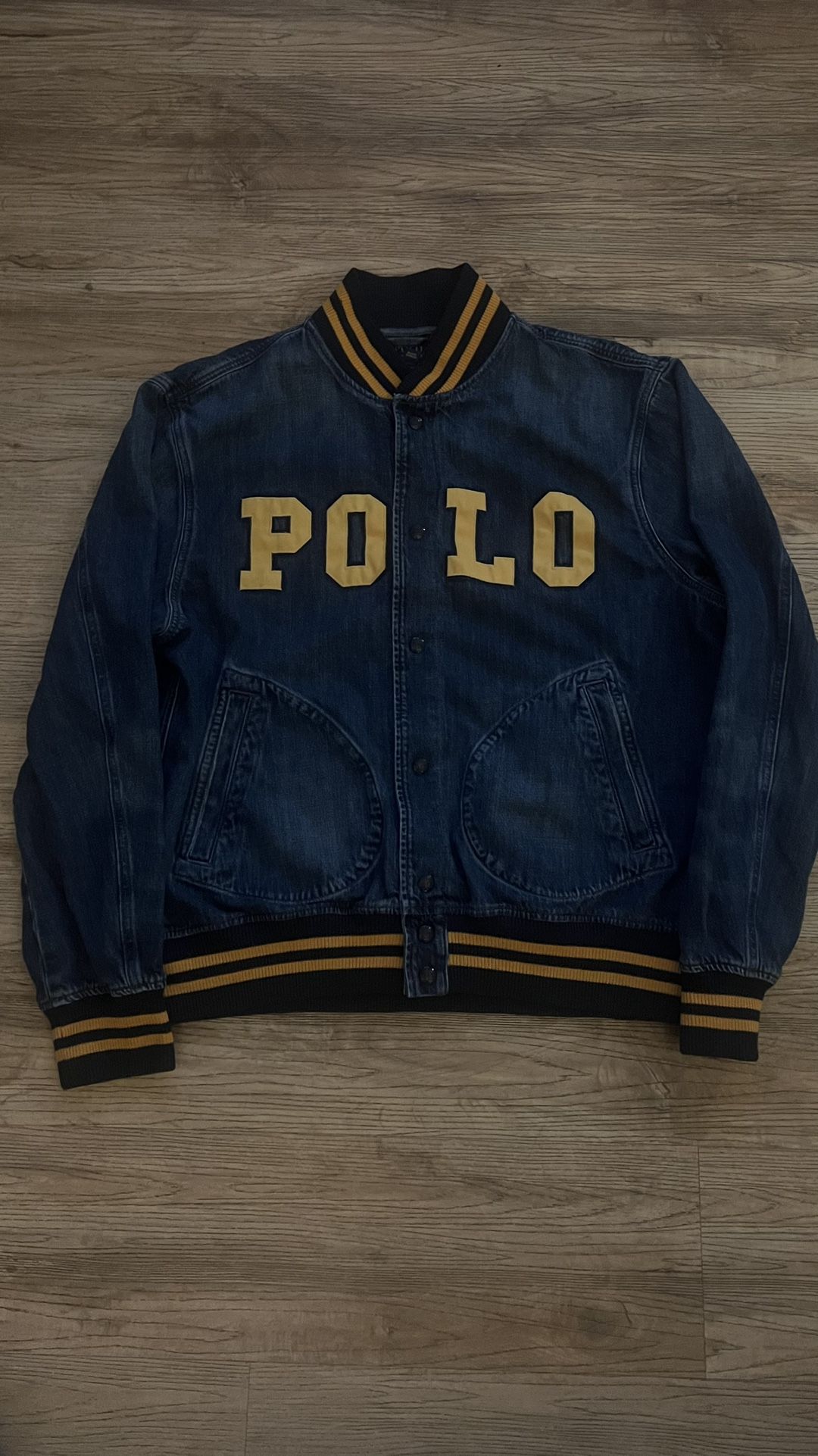 POLO RALPH LAUREN Denim Letterman Spellout Baseball Varsity Jacket Size XL