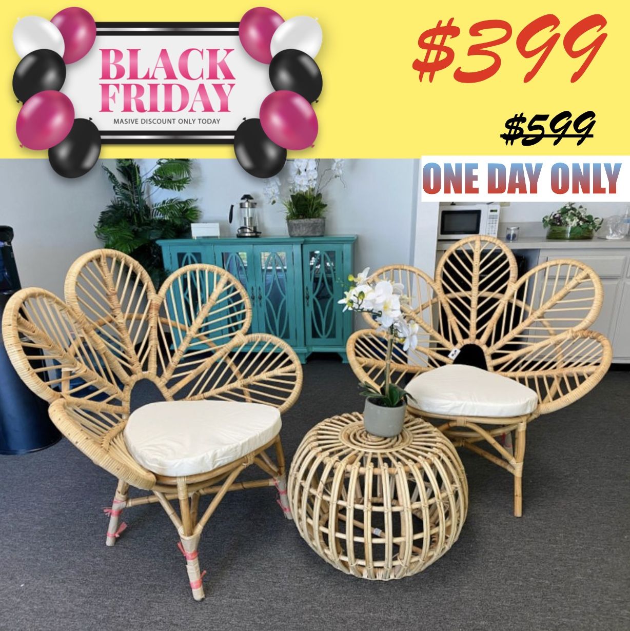 BLACK FRIDAY ONLY $399: 3-Piece Patio Set with 1 Rattan Table and 2 Cushioned Chairs