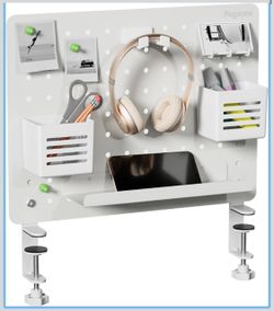 Clamp on Desk Pegboard, 16.5" x 12.6", with 10 Accessories, White